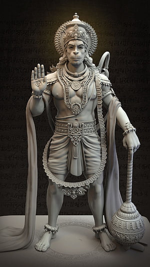 Lord Hanuman 3D Sculpture Statue with Mace and Sanskrit Background, Lord hanuman stachu HD phone wallpaper