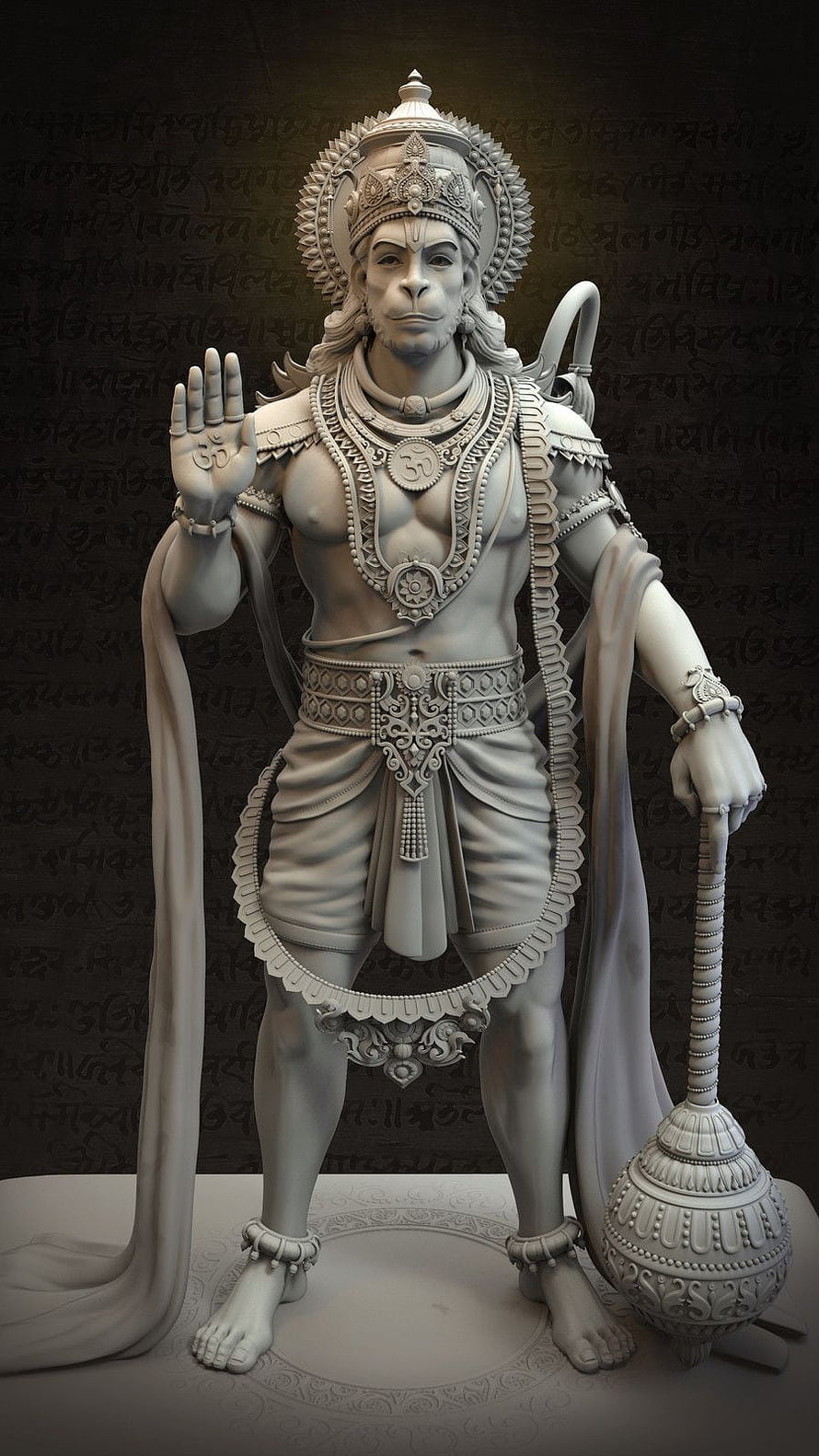 Lord Hanuman 3D Sculpture Statue with Mace and Sanskrit Background HD phone wallpaper