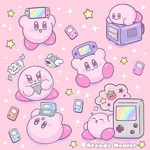 Cute Kirby Character Illustration with Retro Nintendo Game Consoles and Stars HD phone wallpaper