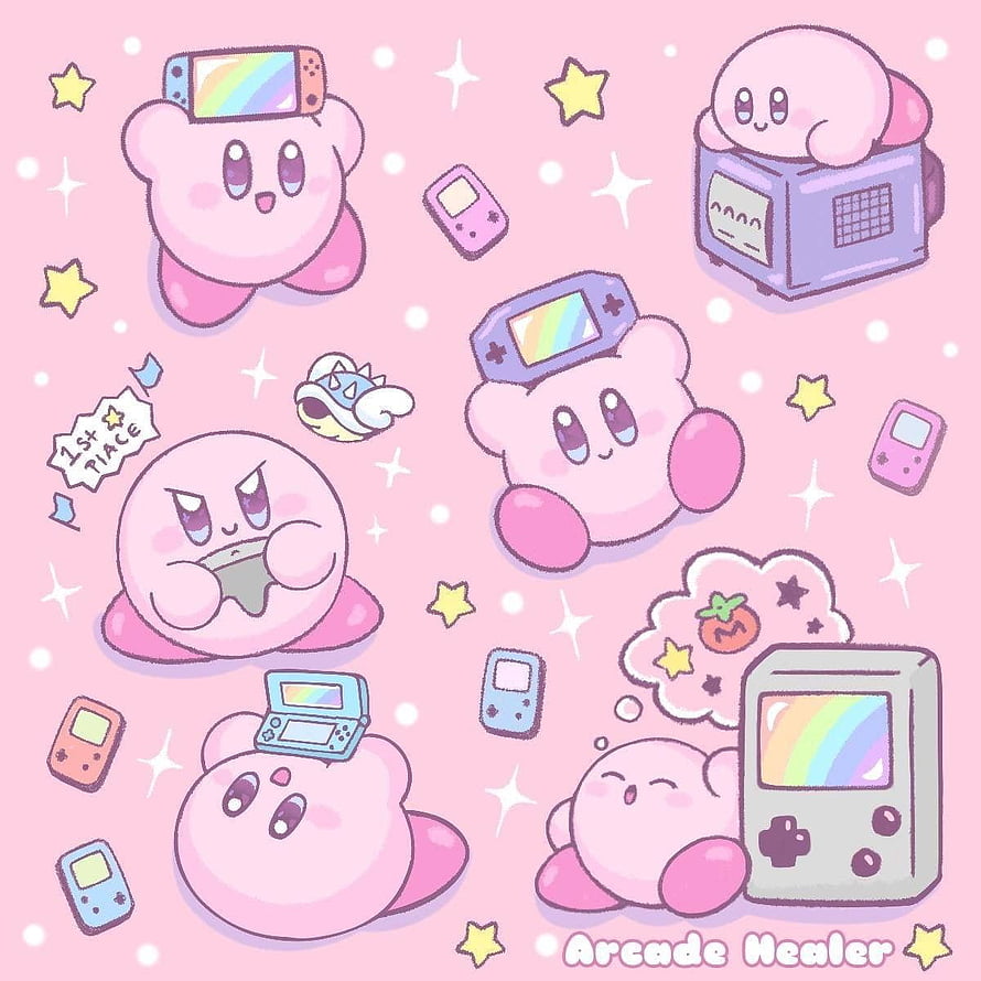 Cute Kirby Character Illustration with Retro Nintendo Game Consoles and Stars HD phone wallpaper