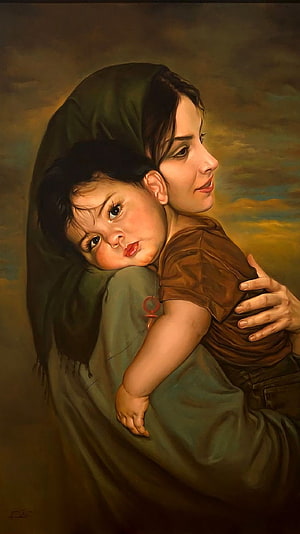 Tender Oil Painting of a Mother Holding Her Child in Warm Earth Tones HD phone wallpaper