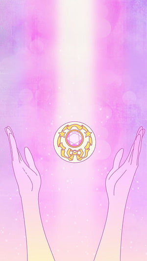 Sailor Moon Transformation Brooch Floating Above Open Hands in Soft Pink Light HD phone wallpaper