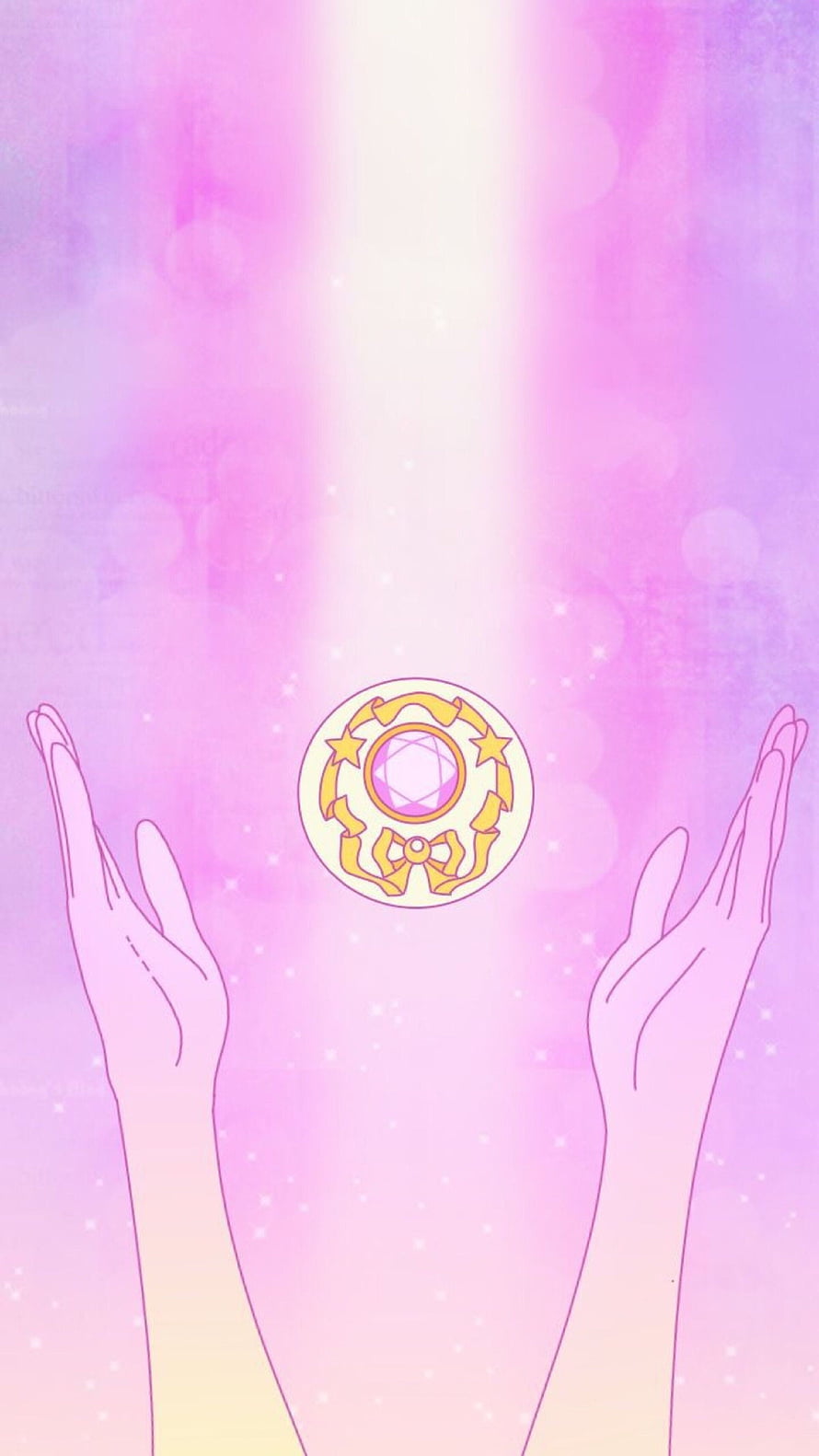 Sailor Moon Transformation Brooch Floating Above Open Hands in Soft Pink Light HD phone wallpaper