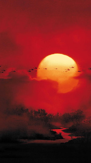 Apocalypse Now Helicopter Formation Over Red Sunset Jungle River HD phone wallpaper