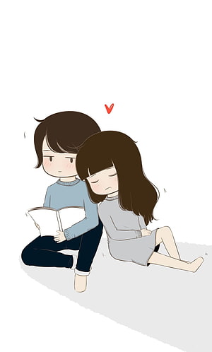 Cute Couple Reading Together in Minimalist Kawaii Illustration Style HD phone wallpaper