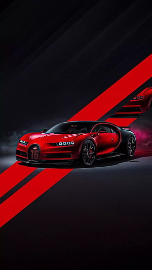 Red Bugatti Chiron Super Sport Hypercar with Dynamic Diagonal Red Stripes on Dark Background HD phone wallpaper