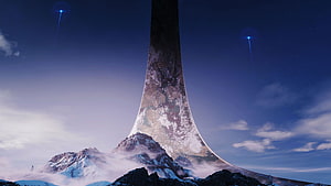 Halo Infinite Ringworld Tower Rising Above Snowy Peaks at Night HD wallpaper