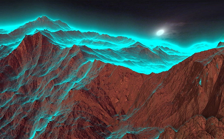 Glowing Cyan Mist Over Rugged Red Mountain Ranges Under a Dark Night Sky HD wallpaper