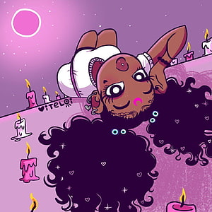 Stylized illustration of a woman with voluminous curly hair lying among pink candles under a purple night sky, Aesthetic Black Girl, Black Girl Baddie HD phone wallpaper