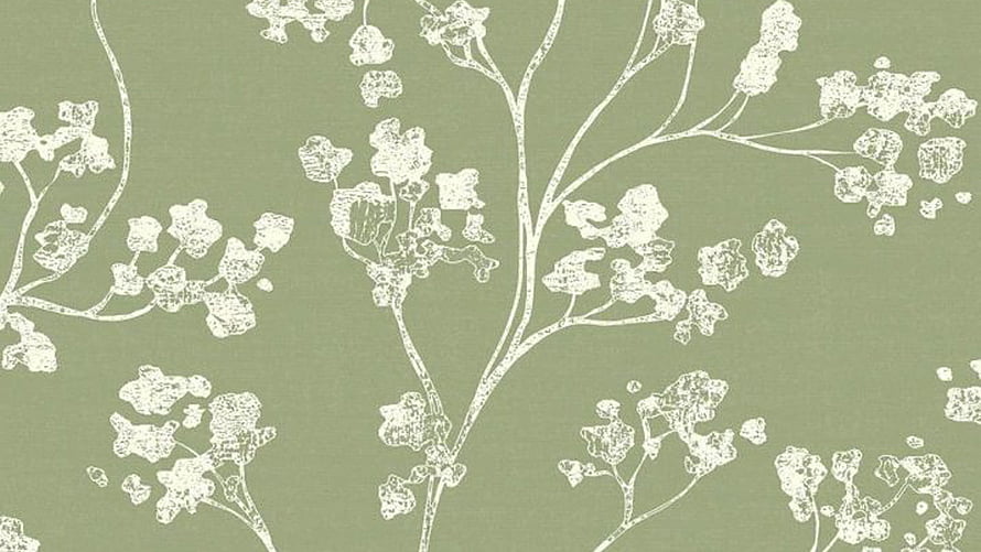 Sage Green Botanical Pattern with White Flowering Branches and Leaves HD wallpaper