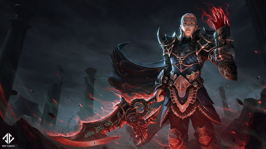 Metin2 Dark Knight Warrior Wielding Glowing Red Scythe in Fantasy Battle Scene HD wallpaper