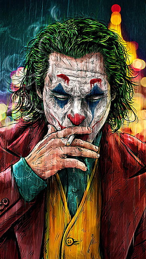 Joker Smoking Cigarette in Rainy City with Clown Makeup and Red Suit HD phone wallpaper
