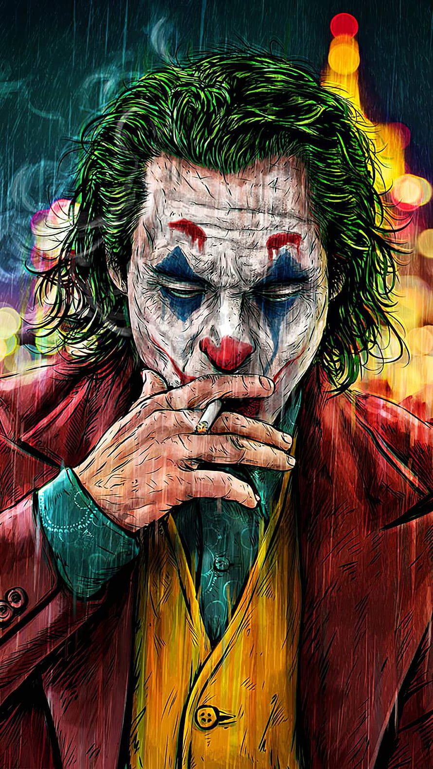 Joker Smoking Cigarette in Rainy City with Clown Makeup and Red Suit HD phone wallpaper