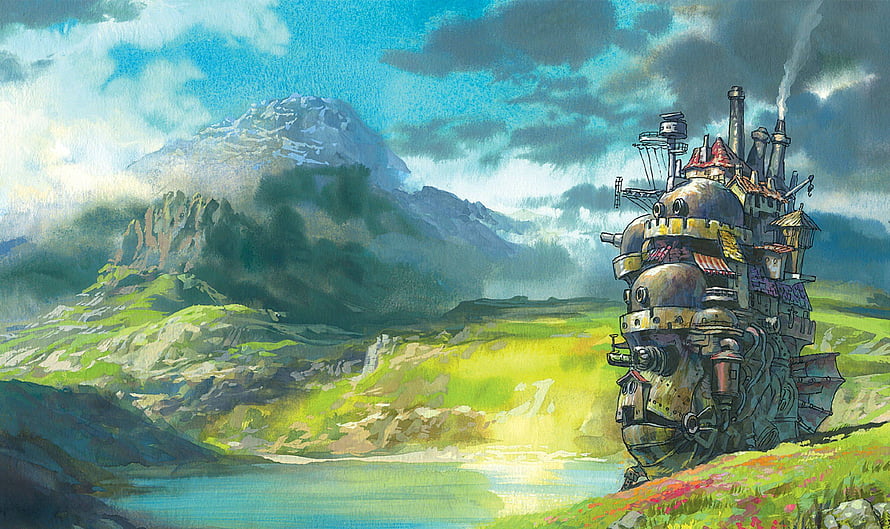 Howl's Moving Castle Stepping Through a Lush Green Valley with Distant Snow-Capped Mountains HD wallpaper