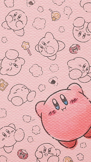 Cute Kirby Pattern Wallpaper with Sketchy Outlines and Pastel Pink Background HD phone wallpaper