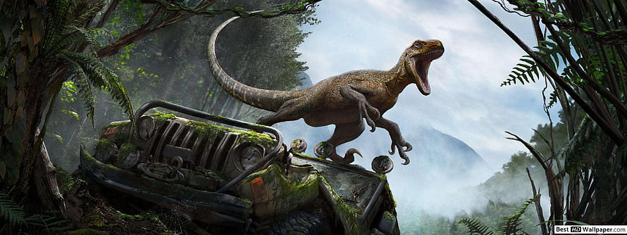 Raptor Leaping Over Mossy Jeep in Jurassic Park Jungle HD wallpaper
