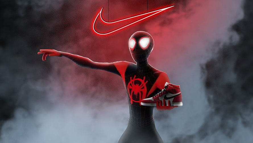 Miles Morales Spider-Man in Black Suit Holding Nike Air Jordan Sneaker Under Neon Logo HD wallpaper