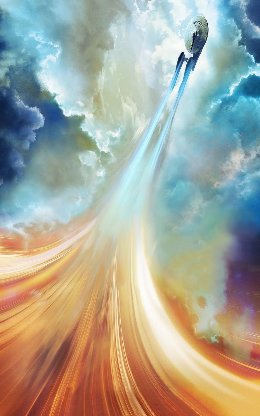 Star Trek Starship Ascending Through Vibrant Nebula Clouds and Golden Light Streaks HD phone wallpaper