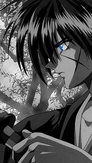 Rurouni Kenshin Anime Character Close-Up With Blue Eye and Sword Hilt in Monochrome Forest Setting HD phone wallpaper