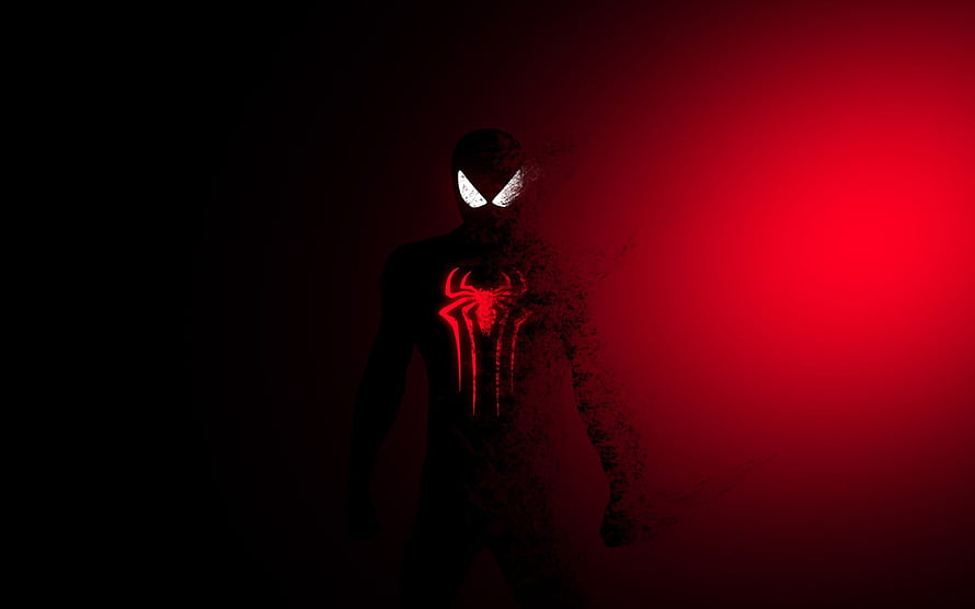 Miles Morales Spider-Man Silhouette with Glowing Red Emblem on Dark Background HD wallpaper