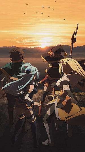 Konosuba Party Members Watching Sunset Over Misty Mountains HD phone wallpaper
