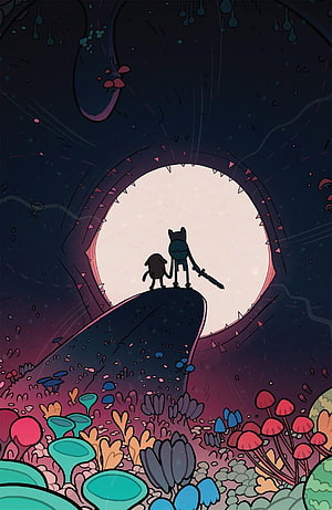 Adventure Time Finn and Jake Silhouette Standing on Cliff Before Giant Moon in Dark Fantasy Landscape HD phone wallpaper