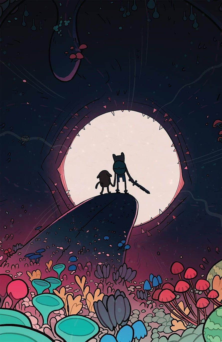 Adventure Time Finn and Jake Silhouette Standing on Cliff Before Giant Moon in Dark Fantasy Landscape HD phone wallpaper