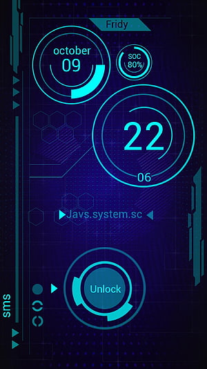 Futuristic Cyan Digital HUD Lock Screen with Date Time and Battery Widgets HD phone wallpaper
