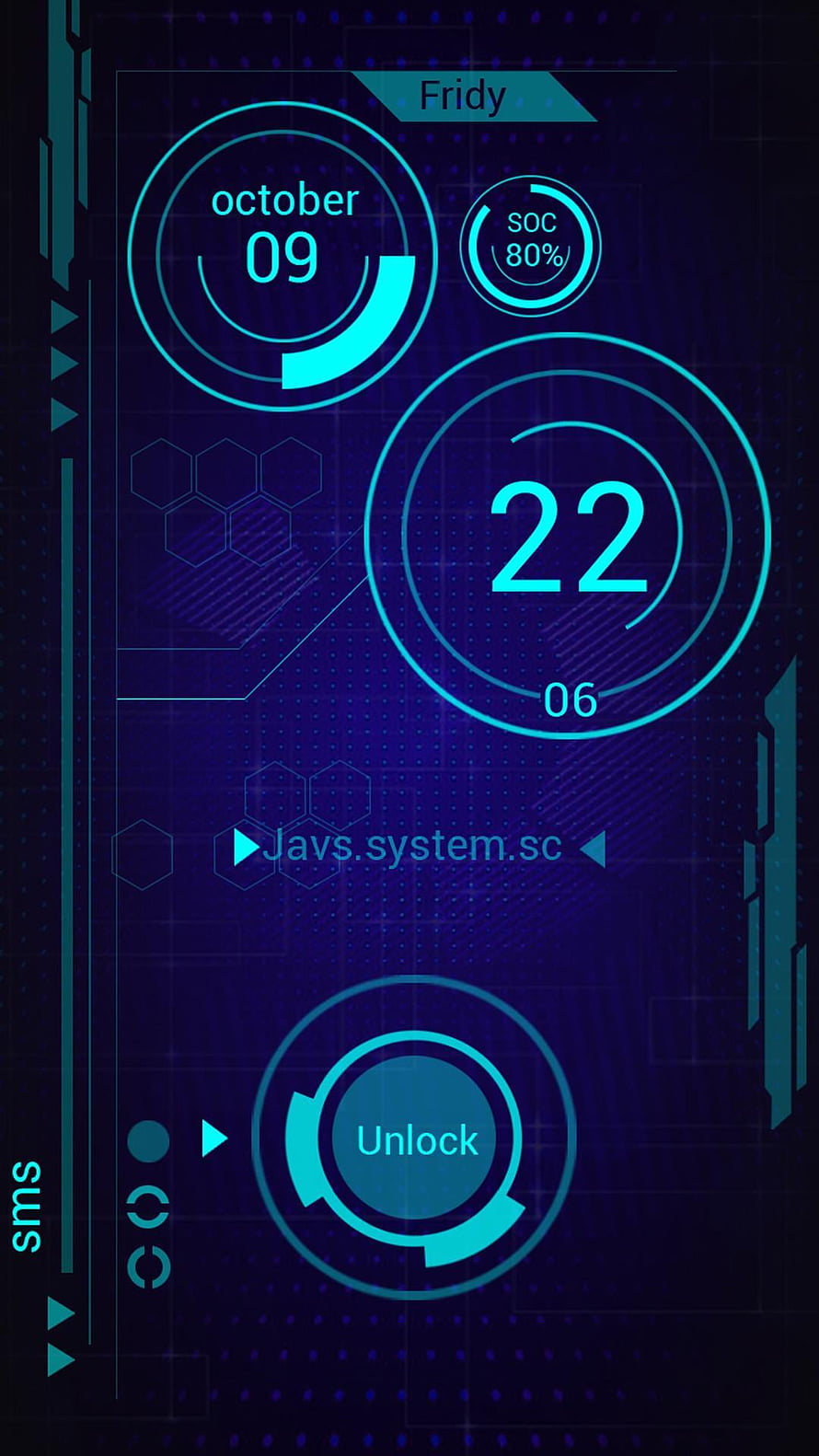 Futuristic Cyan Digital HUD Lock Screen with Date Time and Battery Widgets HD phone wallpaper