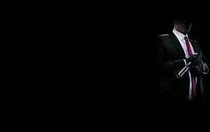 Hitman Absolution Agent 47 in Black Suit with Red Tie and Bat HD wallpaper