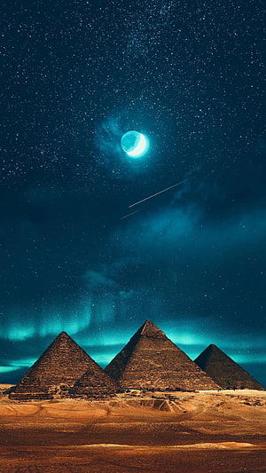 Giza Pyramids Under a Starry Night Sky with Crescent Moon and Shooting Star HD phone wallpaper