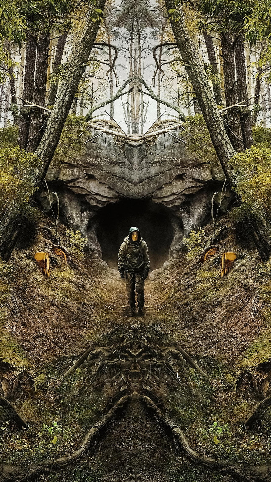 Dark Netflix Series Forest Cave Entrance With Hooded Figure And Latin Inscriptions HD phone wallpaper