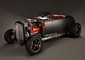 Custom Black Hot Rod Roadster with Exposed Engine and Red Interior HD wallpaper