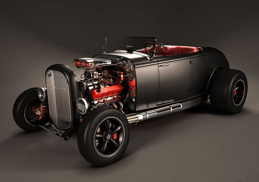 Custom Black Hot Rod Roadster with Exposed Engine and Red Interior HD wallpaper