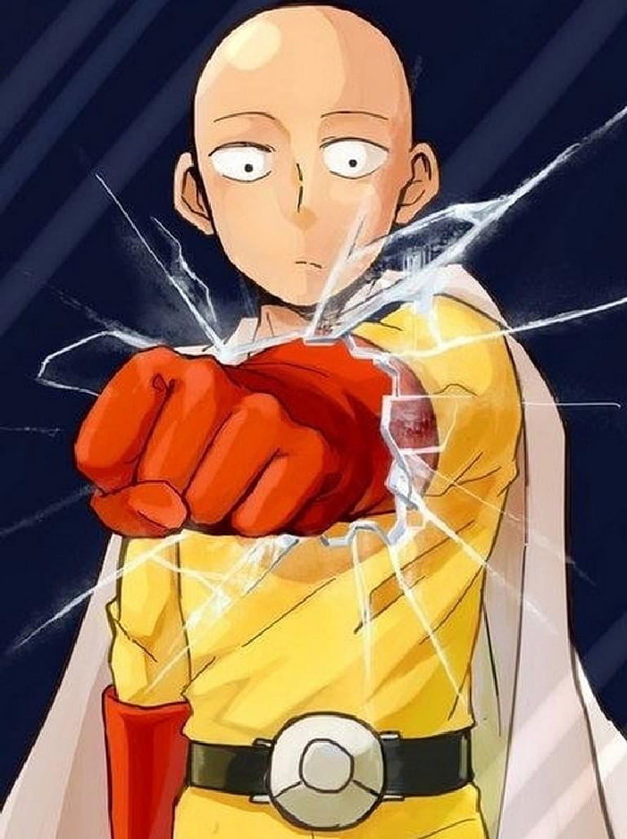 Saitama from One Punch Man Punching Through Glass in Yellow Suit HD phone wallpaper