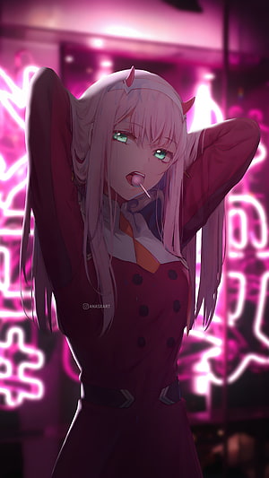 Zero Two from Darling in the Franxx in a red uniform with neon pink background HD phone wallpaper