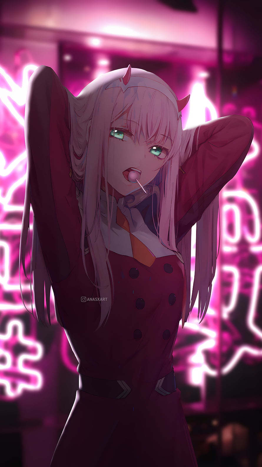 Zero Two from Darling in the Franxx in a red uniform with neon pink background HD phone wallpaper