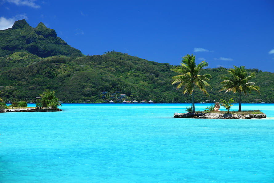 Tropical Island Paradise With Turquoise Lagoon And Palm Trees HD wallpaper