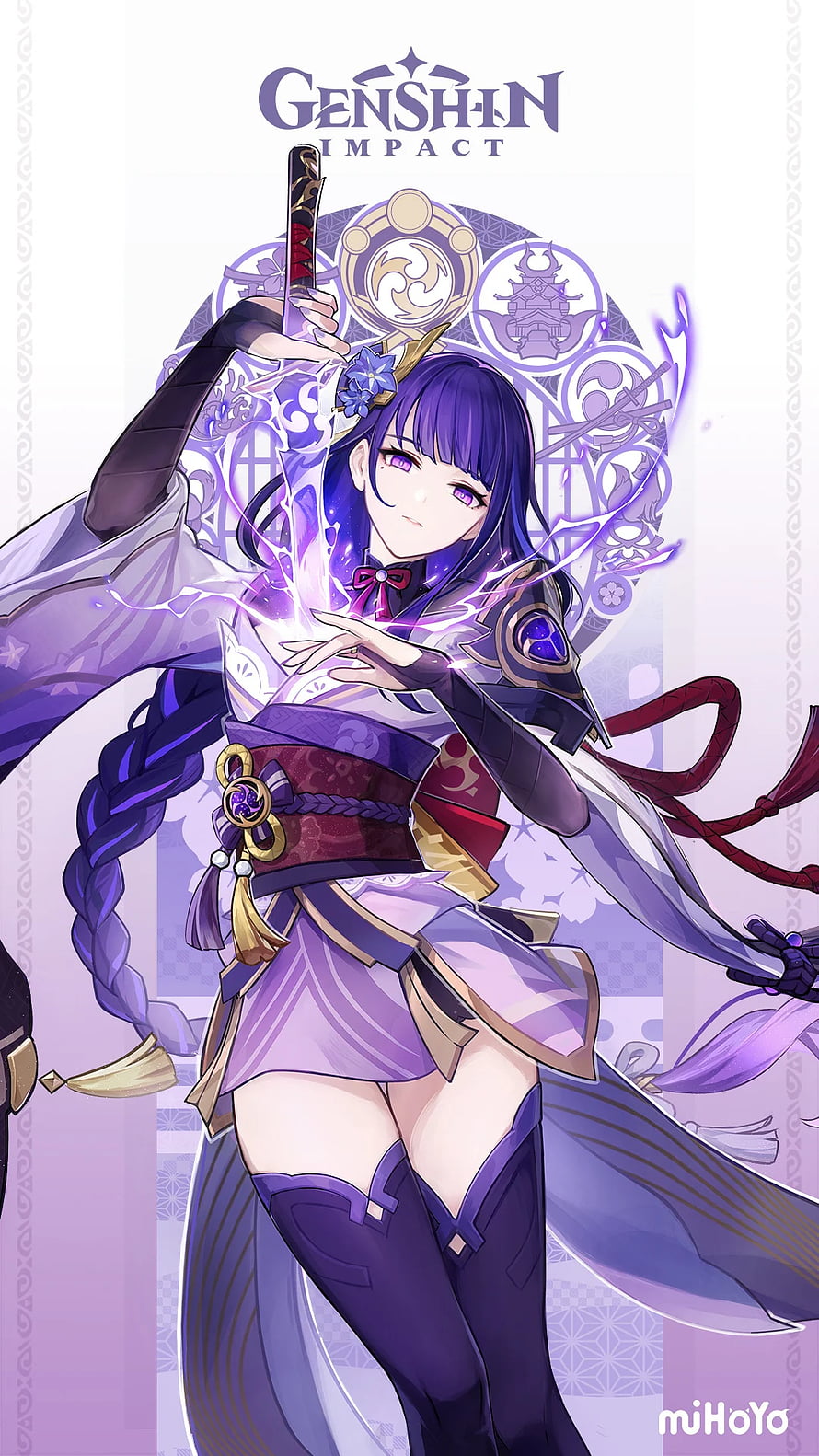 Raiden Shogun Genshin Impact Character Art with Purple Lightning and Katana HD phone wallpaper
