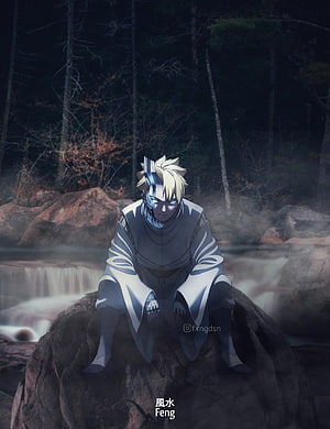 Boruto Uzumaki Karma Mode Sitting on Rock in Misty Forest HD phone wallpaper