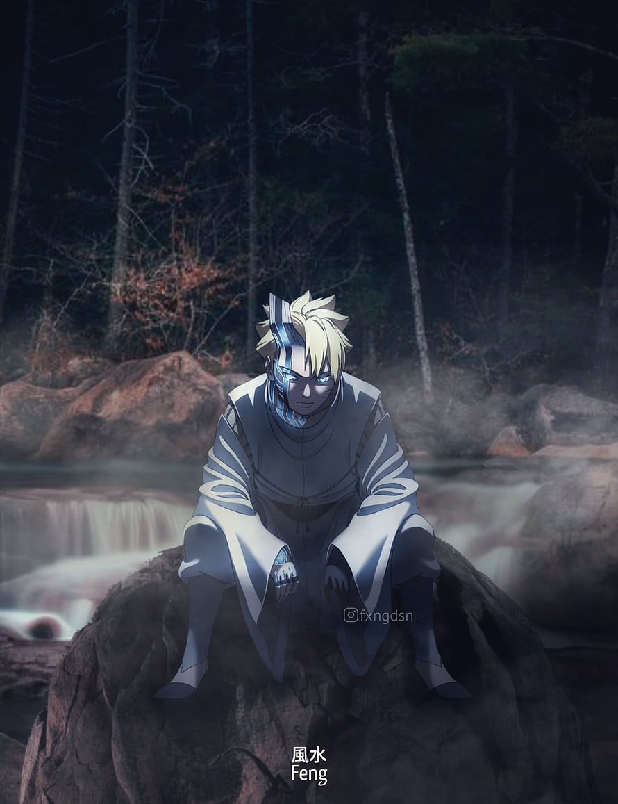 Boruto Uzumaki Karma Mode Sitting on Rock in Misty Forest HD phone wallpaper