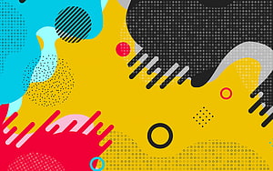 Vibrant Memphis Style Abstract Composition with Geometric Shapes and Halftone Patterns HD wallpaper
