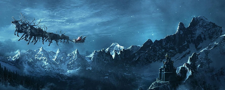 Santa's Reindeer Sleigh Flying Over Snowy Mountain Peaks at Night HD wallpaper