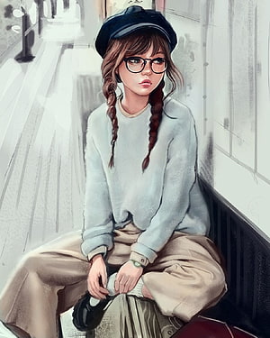 Digital Painting of a Girl with Braids and Glasses Sitting on a Bench HD phone wallpaper