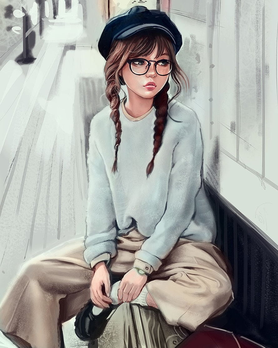 Digital Painting of a Girl with Braids and Glasses Sitting on a Bench HD phone wallpaper