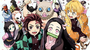 Demon Slayer Kimetsu no Yaiba Cast Group Art with Tanjiro, Nezuko, Inosuke, Zenitsu and Hashira HD wallpaper