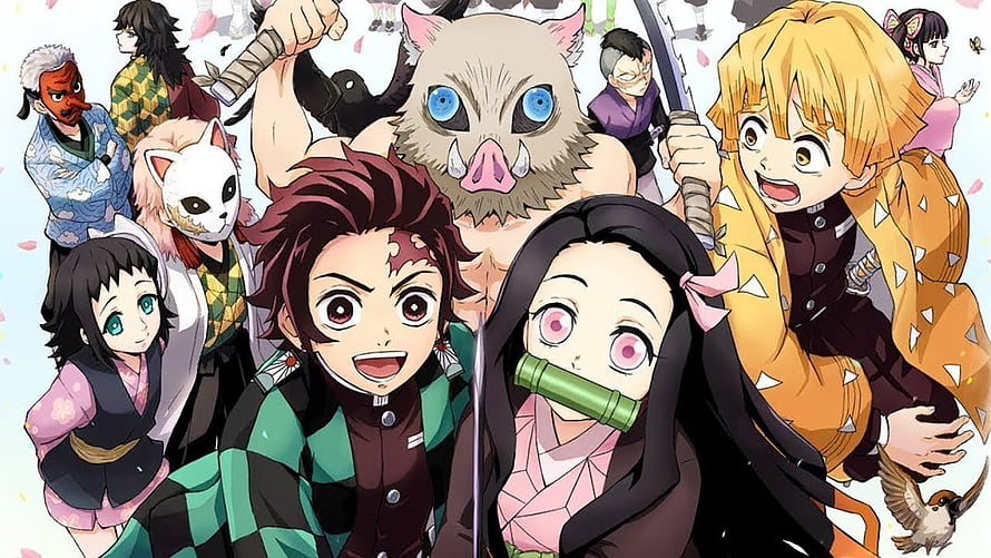 Demon Slayer Kimetsu no Yaiba Cast Group Art with Tanjiro, Nezuko, Inosuke, Zenitsu and Hashira HD wallpaper
