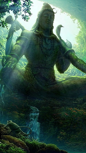 Ancient Lord Shiva Statue in Lush Forest with Waterfall and Serpent HD phone wallpaper