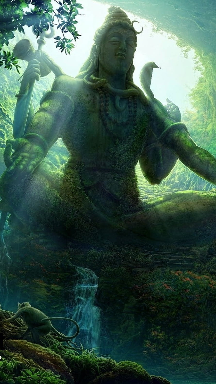 Ancient Lord Shiva Statue in Lush Forest with Waterfall and Serpent HD phone wallpaper