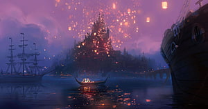 Tangled Castle Concept Art with Floating Lanterns and Nighttime Harbor Scene HD wallpaper